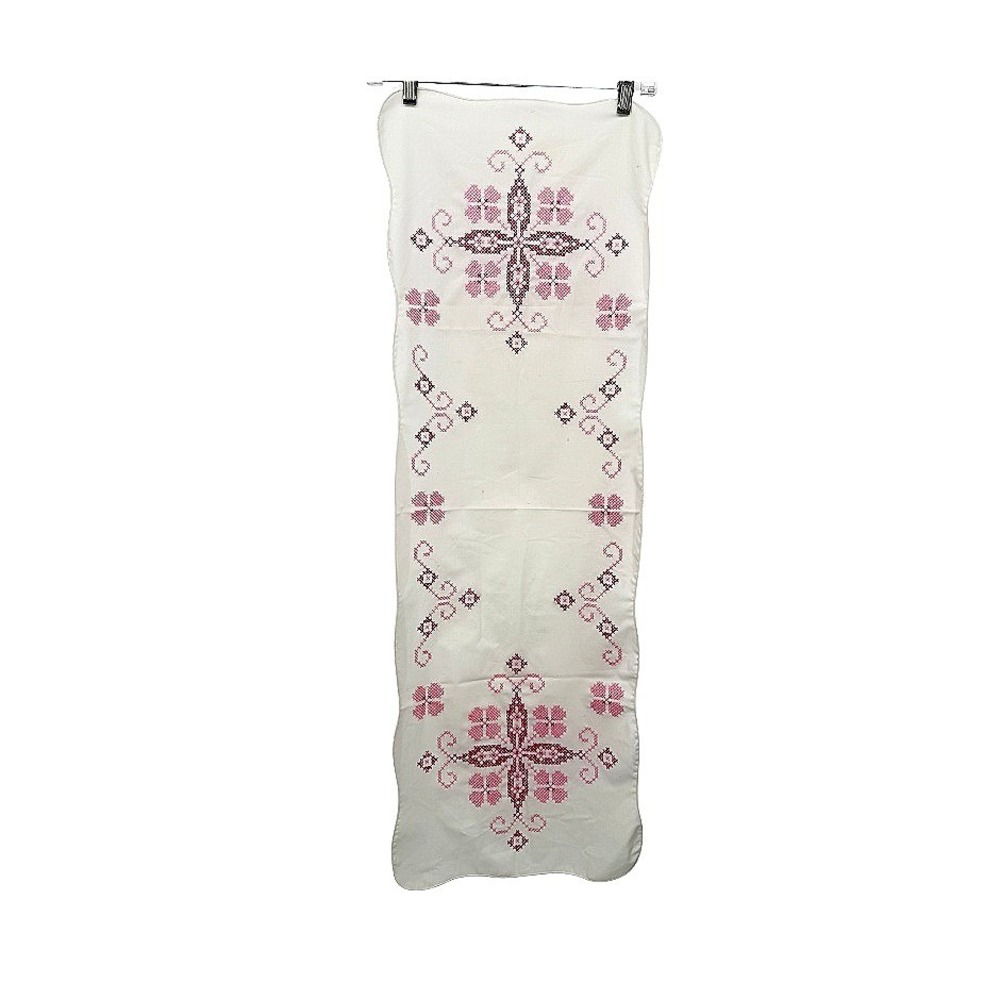 Vintage Embroidered Table Runner Dresser Scarf Cross Stitch Floral 40x14